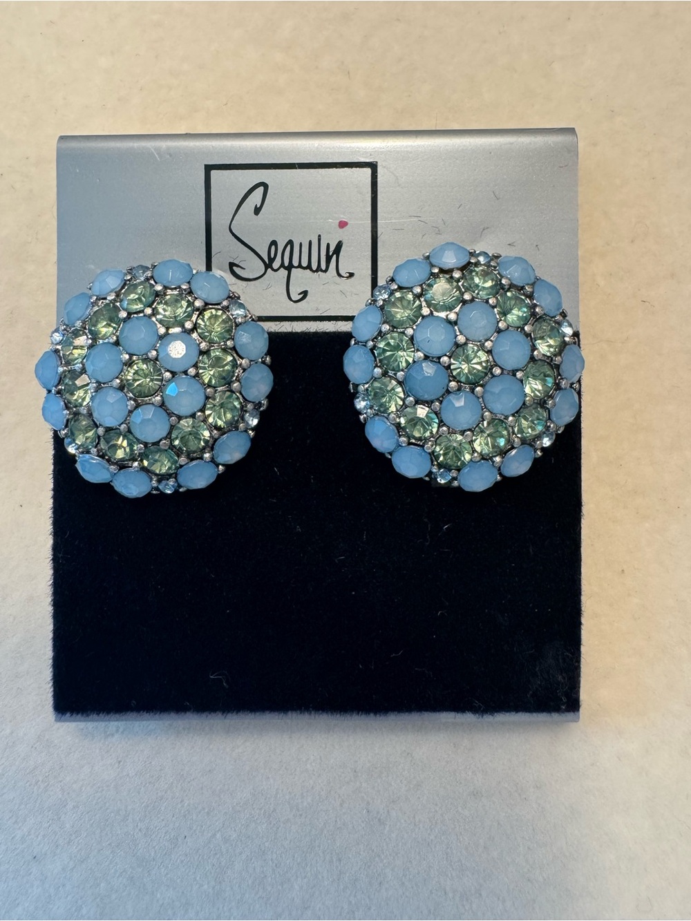 New Sequin Blue & Green Crystal Cluster Button Clip On Earrings